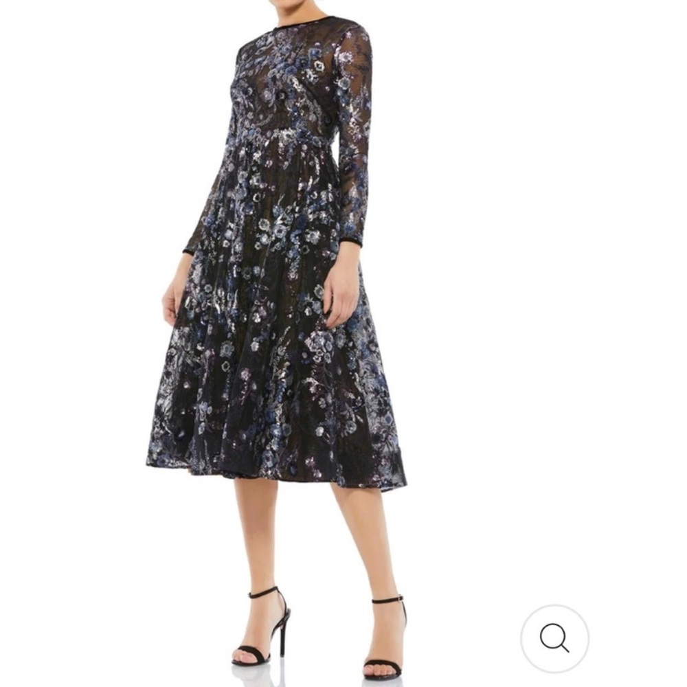 Mac Duggal Midnight Floral Long Sleeve Dress